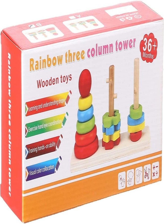 CLAPONE Wooden Rainbow Rings Tower Geometric Shape Recognition, Sorting, Stacking and Plugging; Stacker Building Educational Learning Toy Game for 3 4 5 Years Old Toddlers(14 Pieces) - Image 4